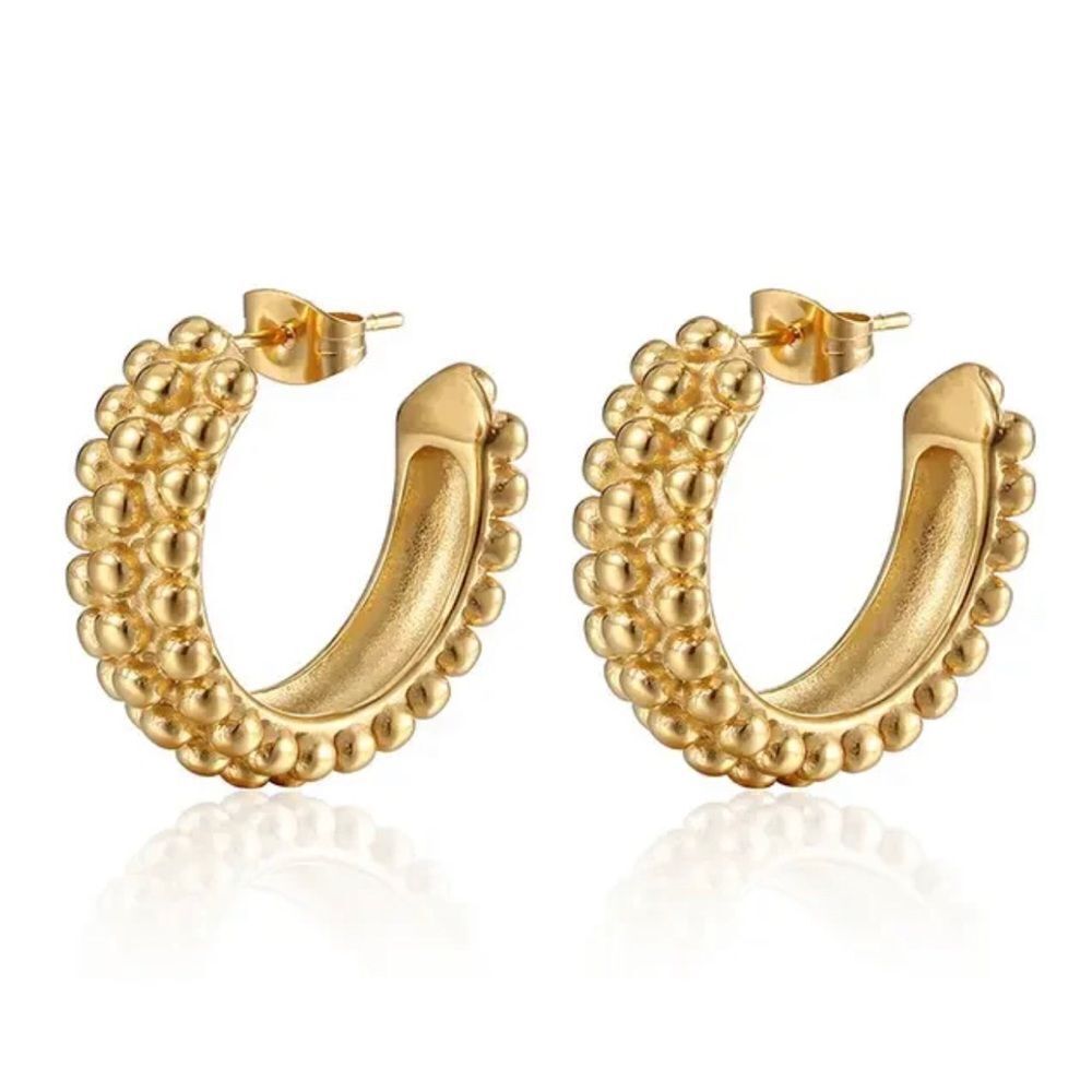 Three Mini Gold Beaded Hoop Earrings